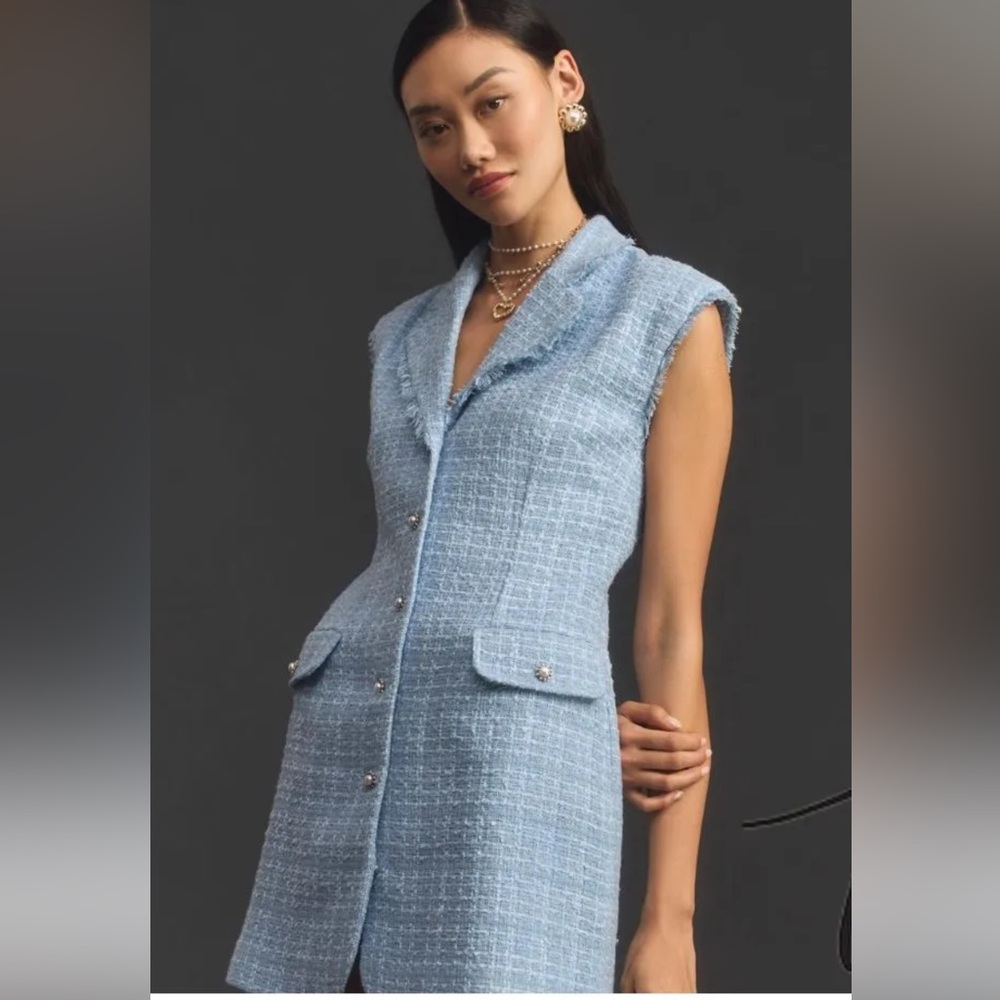 Anthro Maeve Blue Tweed Sleeveless Blazer Mini Dress